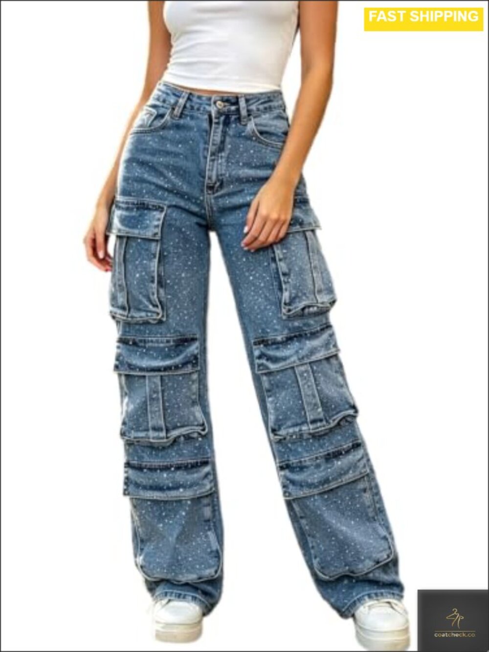 Rhinestone Pearl Denim Jeans Wide Leg Baggy High Waist Women's